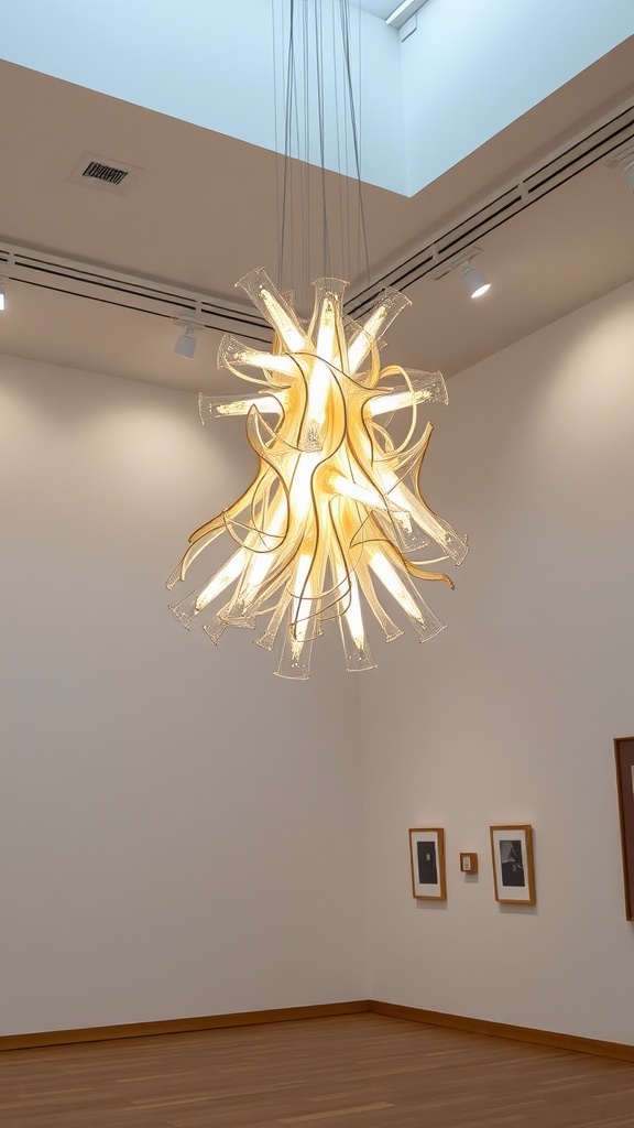 A sculptural light fixture hanging from a low ceiling, resembling an art piece.