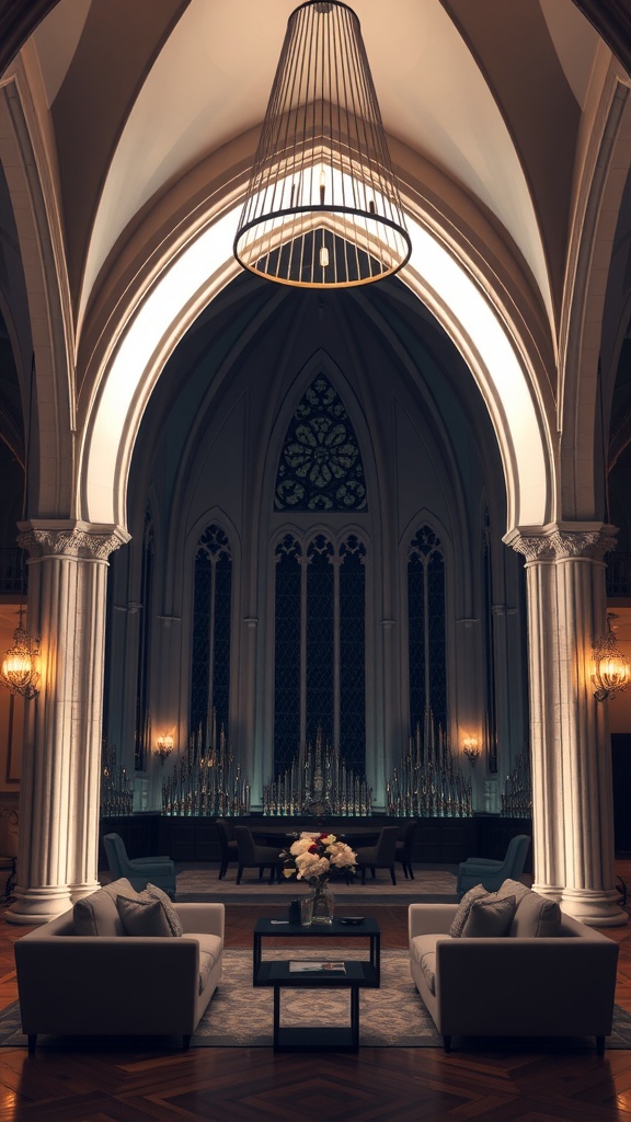 A living room with Gothic architecture featuring high ceilings, sculptural lighting, and modern furniture.