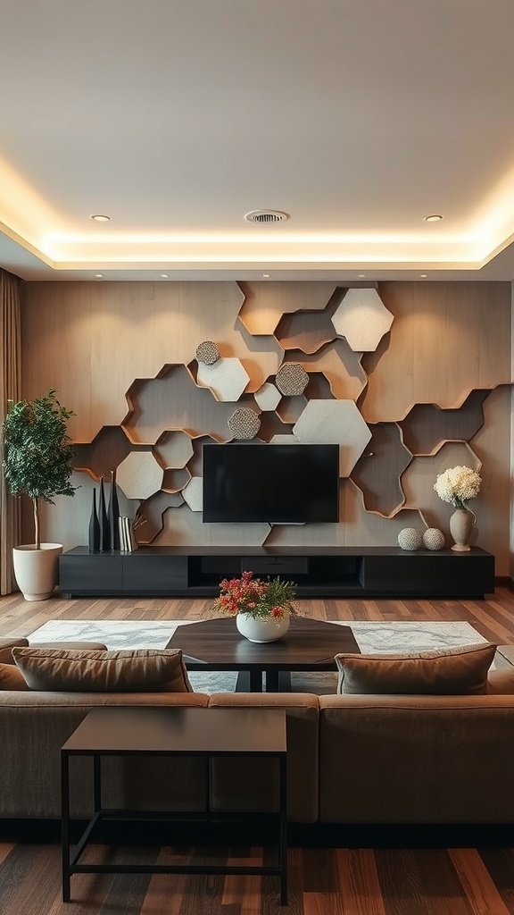 A contemporary living room with sculptural wall installation featuring geometric shapes, warm tones, and stylish furniture.