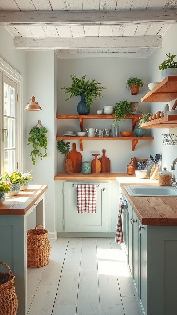 A cozy kitchen painted in Sea Salt with wooden shelves, plants, and rustic decor.