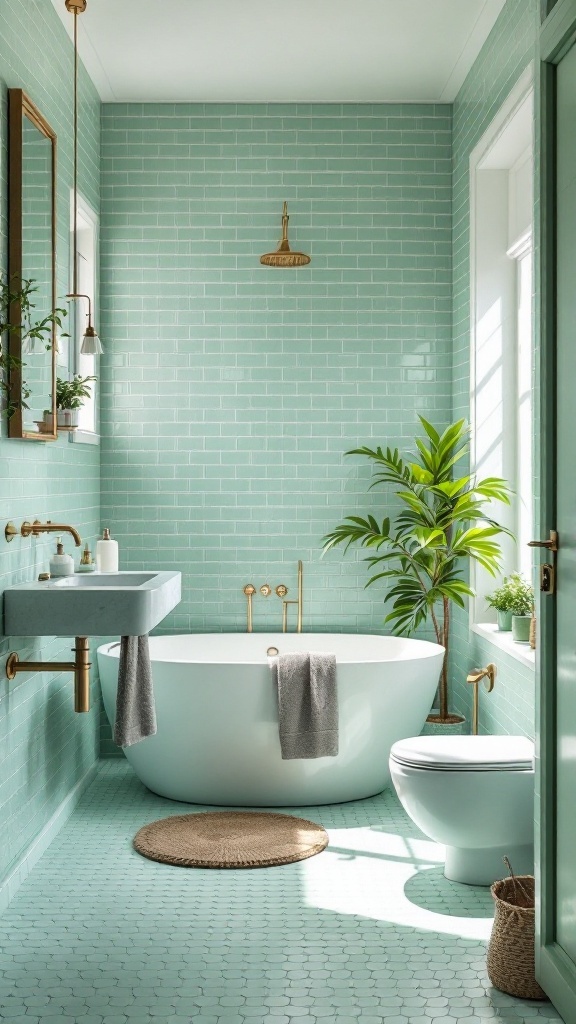 A bright bathroom with seafoam-colored tiles on the walls and floor, featuring a bathtub, plants, and a small table.