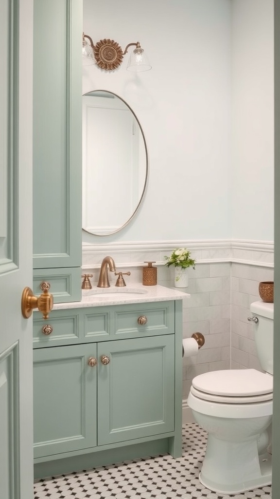 A bathroom featuring seafoam green cabinetry with gold fixtures and white walls.