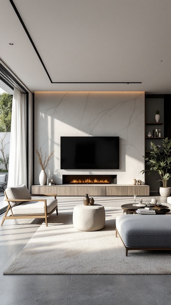 Modern living room with a luxury TV wall design, large windows, and a cozy fireplace.