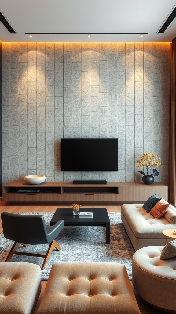A modern living room featuring a textured statement wall, sleek TV setup, and cozy furniture.