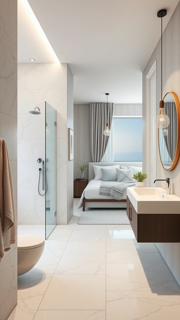 A spacious bathroom leading into a bright bedroom, featuring modern design elements and a seamless transition between the two spaces.