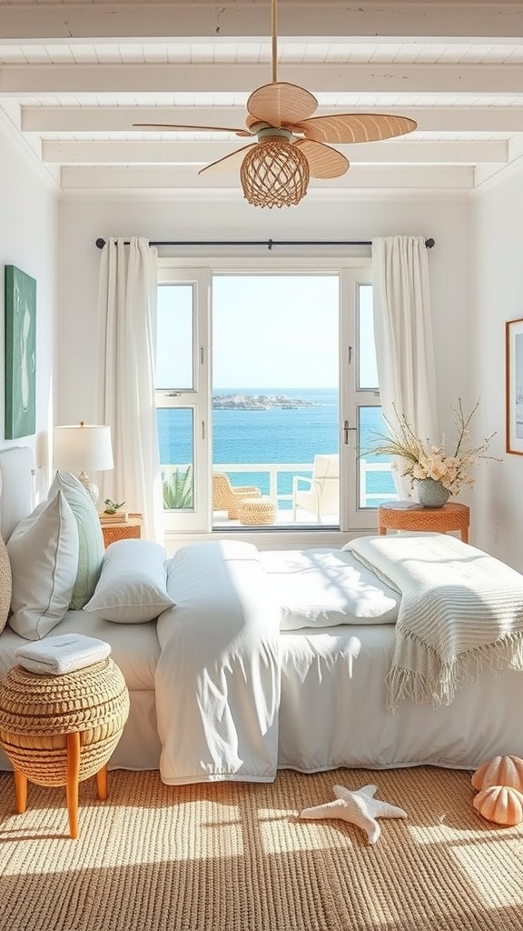 A serene boho coastal bedroom with ocean view and natural decor