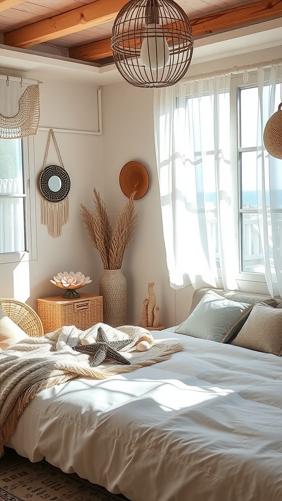 A cozy boho bedroom with white bedding, natural textures, and coastal decor elements.