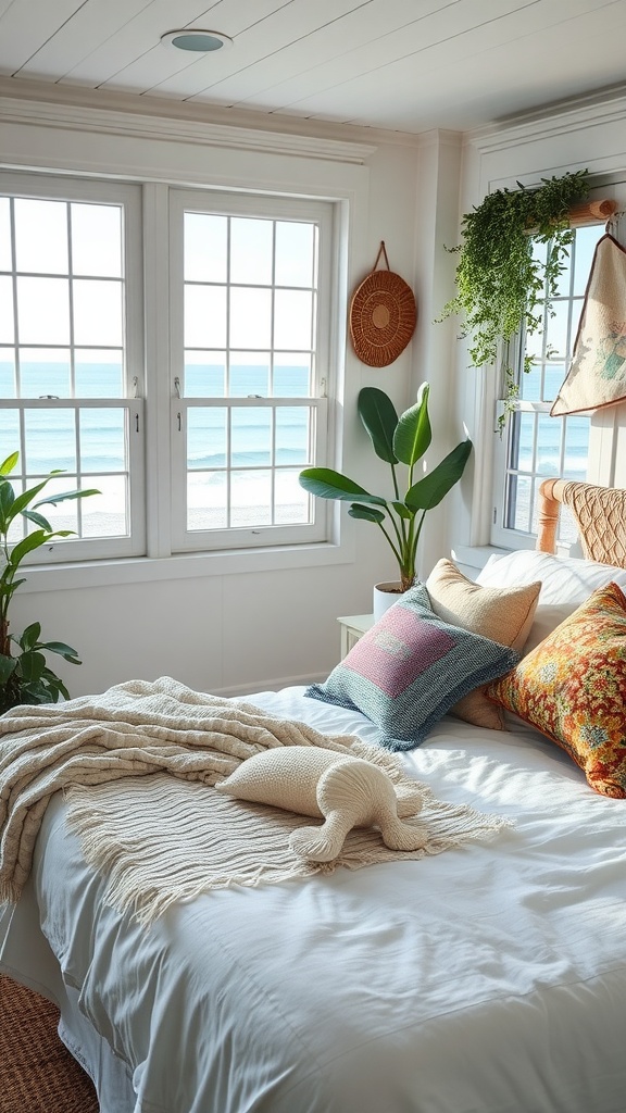 Bright and airy boho coastal bedroom with a view of the beach, featuring a cozy bed and tropical plants.