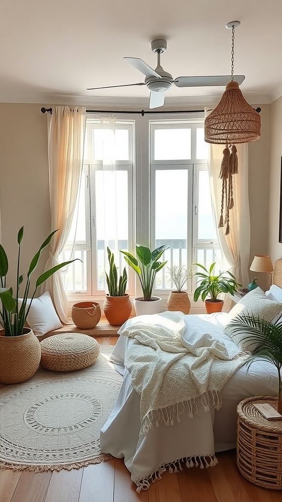 A cozy boho bedroom with large windows, plants, and woven decor