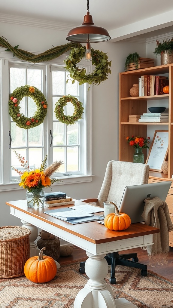 Cozy home office with seasonal decor, featuring wreaths, sunflowers, and pumpkins