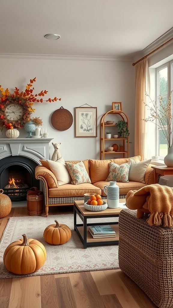 A cozy living room decorated for autumn with pumpkins, warm colors, and a fireplace.