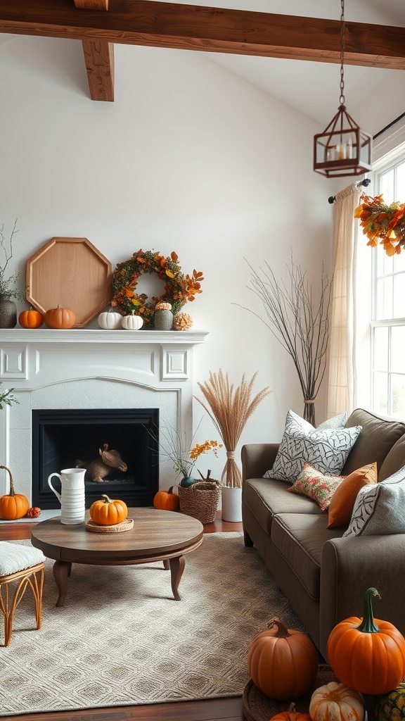 A cozy living room showcasing autumn decor with pumpkins, a wreath, and warm accents.