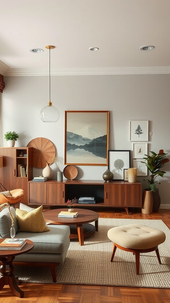 Living room with contemporary Japandi design featuring a statement wall and seasonal decor.