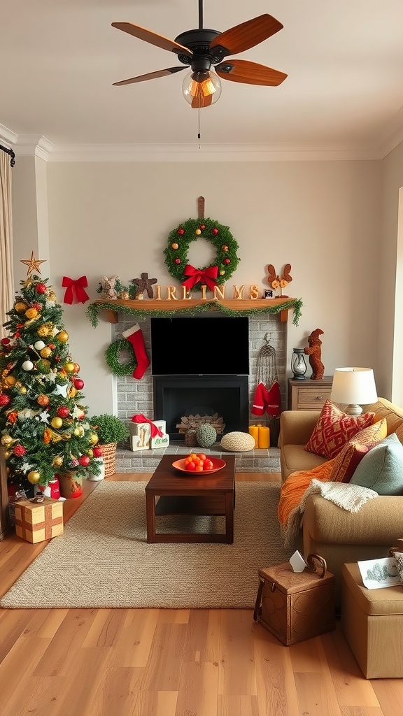 A cozy farmhouse living room decorated for the holidays with a Christmas tree, wreath, and festive accents.