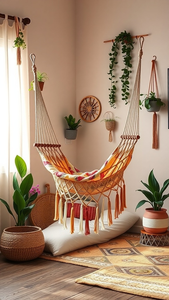 A colorful hammock hanging in a boho style bedroom, surrounded by plants and warm decor.