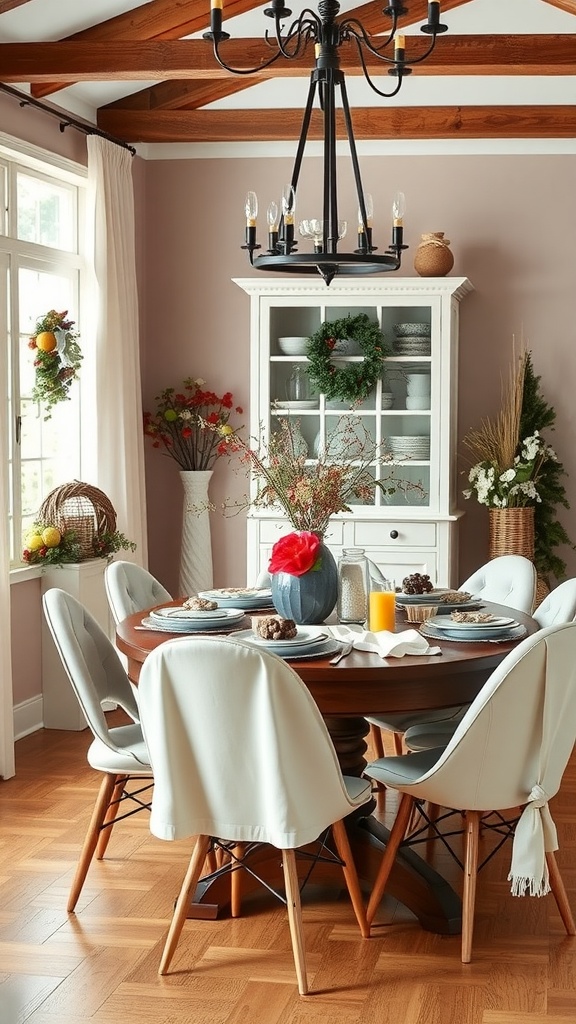 A stylish Modern Farmhouse Dining Room with a round table, light-colored chairs, a vibrant centerpiece, and seasonal decor.