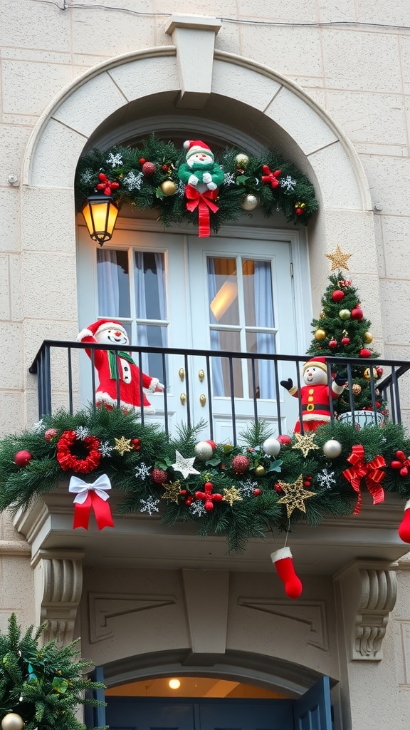 A small balcony decorated for the holidays with Santa and snowman figures, garland, and ornaments.