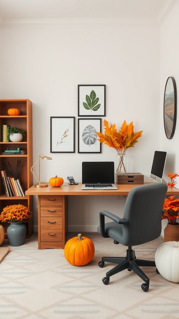 Cozy fall home office with pumpkins, autumn leaves, and warm decor