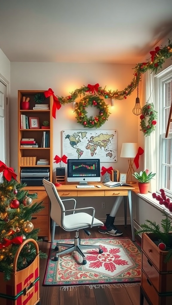 A cozy home office decorated for the holiday season with a wreath, garland, and a small Christmas tree.