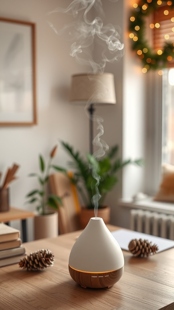 A stylish diffuser releasing aromatic steam in a cozy home office setting with decorative pinecones