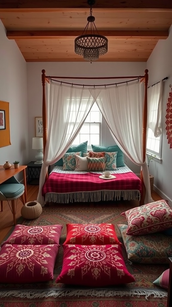 A cozy seating area with colorful floor cushions in a Boho-style bedroom featuring a canopy bed.