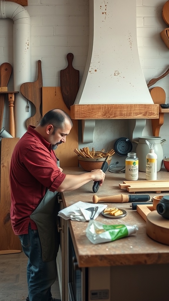 A person working in a kitchen, surrounded by wooden utensils and tools, emphasizing local craftsmanship.