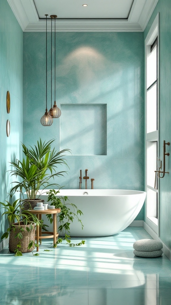 A serene aqua bathroom with a plant, white fixtures, and natural light.