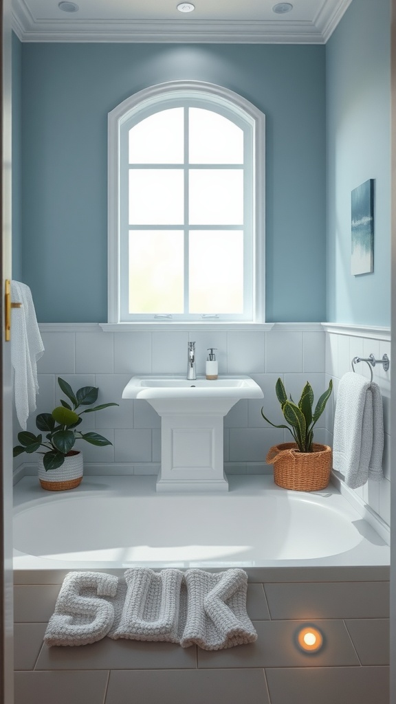 A serene bathroom featuring blue walls, white fixtures, and plants, showcasing a calming color palette.
