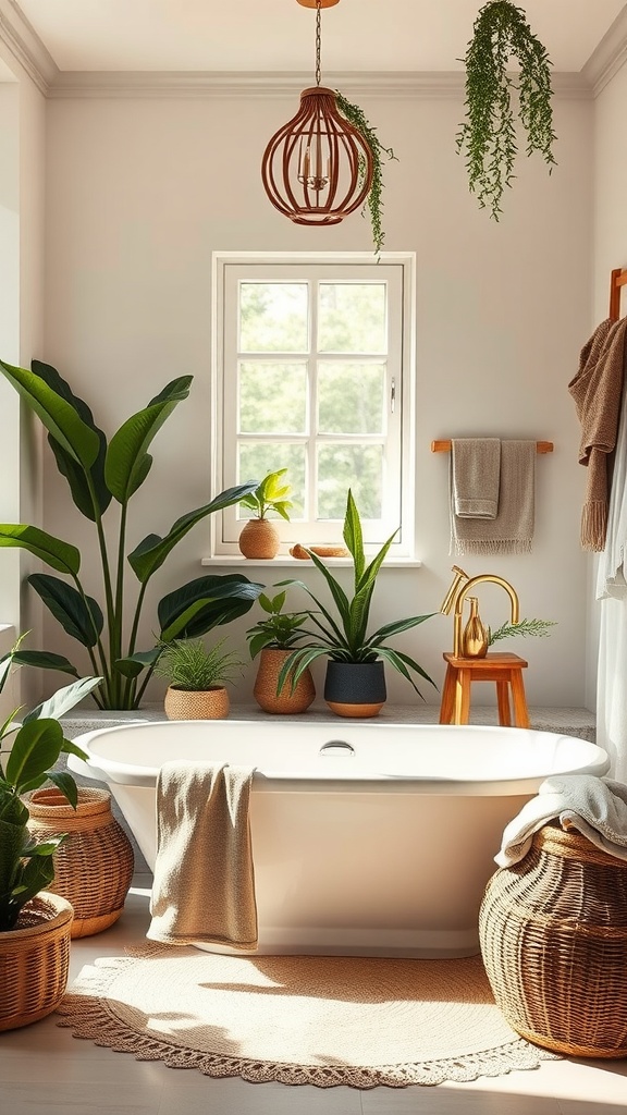 A serene boho bathroom with a freestanding tub, plants, and natural light.