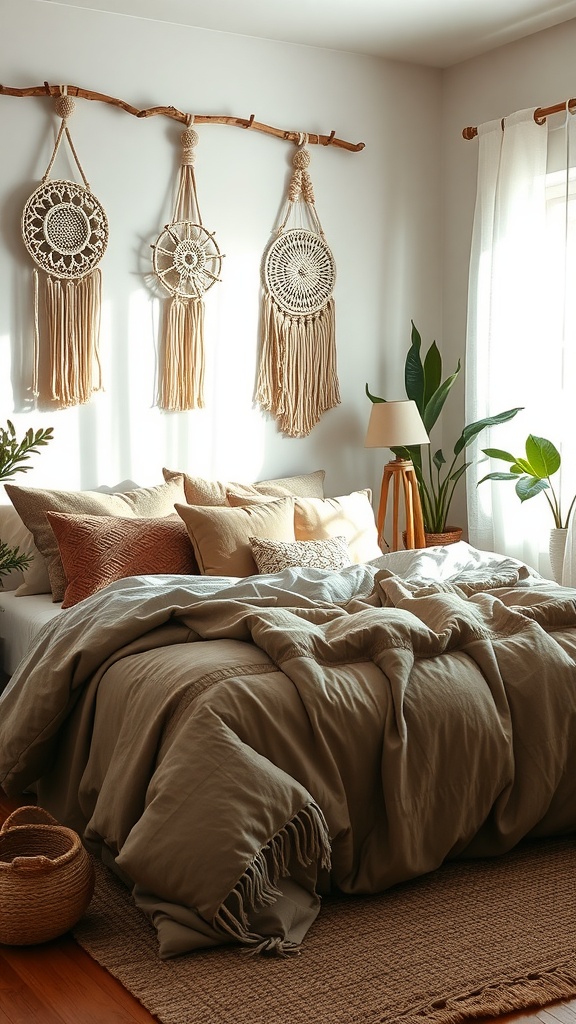 Serene boho bedroom with warm linens, macrame wall hangings, and natural light