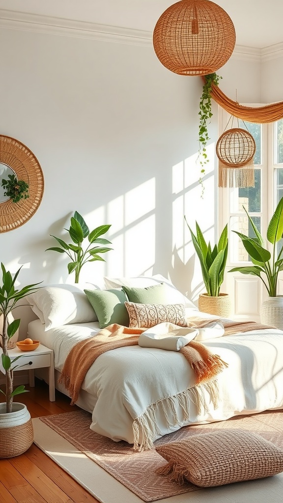 A cozy boho style bedroom with natural elements, soft white bedding, green plants, and woven light fixtures.