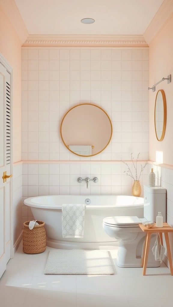A serene bathroom with peach walls, white tiles, and a freestanding tub.