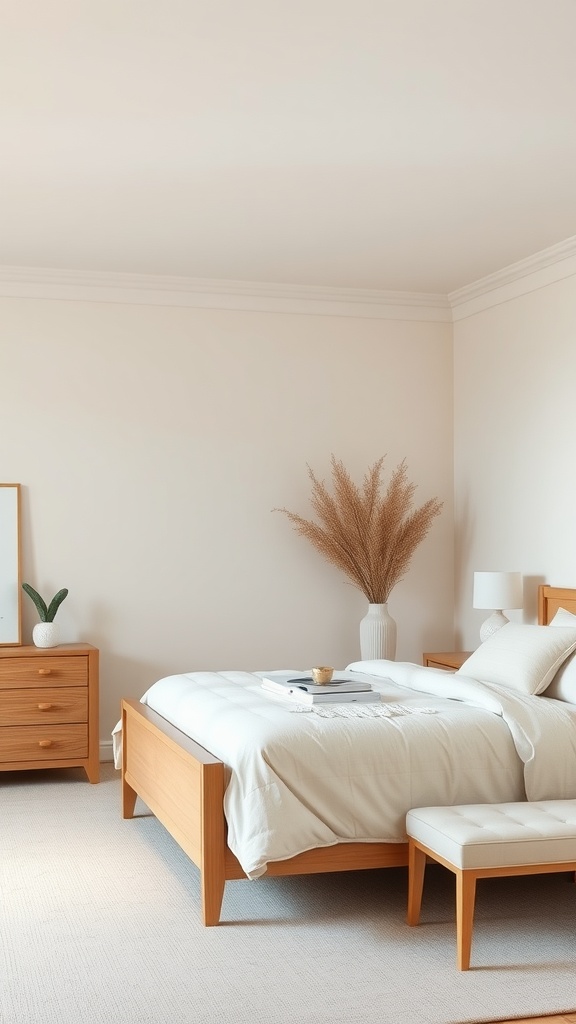 A serene master bedroom featuring neutral tones, wooden furniture, and calming decor