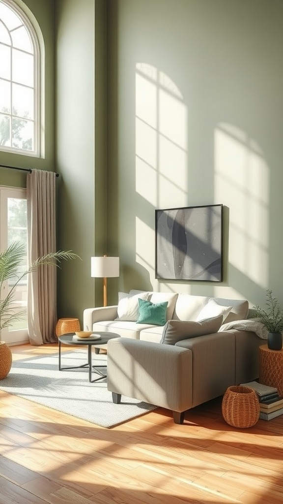 A living room painted in serene sage green, featuring natural light, neutral furniture, and warm wooden floors.