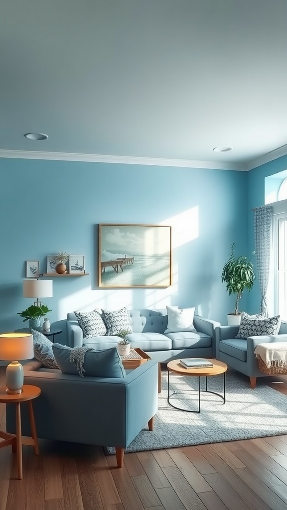 A serene living room painted in sky blue with soft furniture and natural decor.