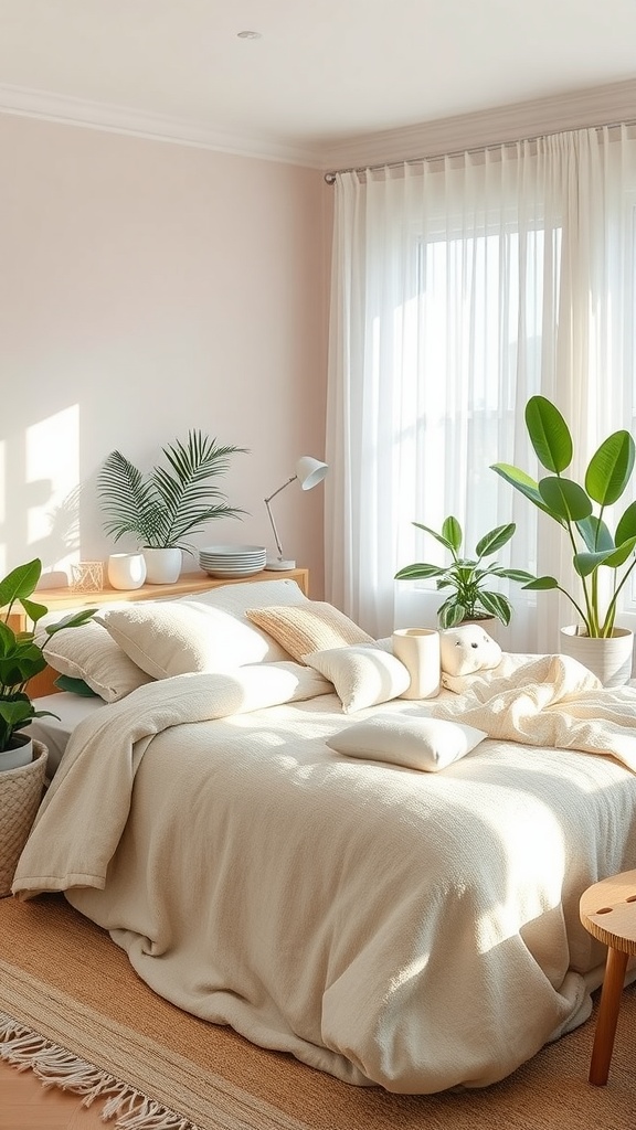 A serene bedroom with neutral bedding, potted plants, and soft lighting