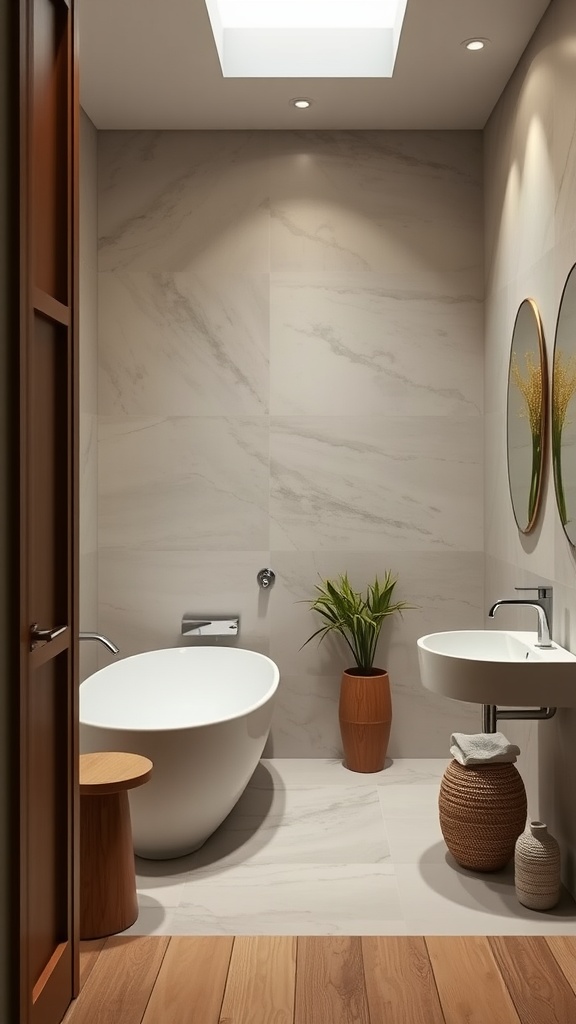 A serene bathroom featuring a freestanding tub, wooden accents, and natural plants, blending Japandi and contemporary design.