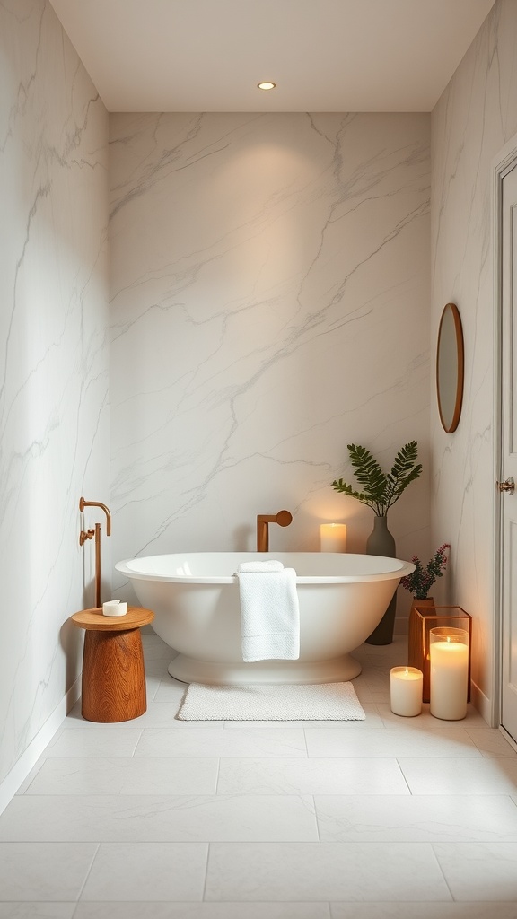 A serene bathroom featuring a freestanding bathtub, marble walls, wooden accents, and soothing candlelight.