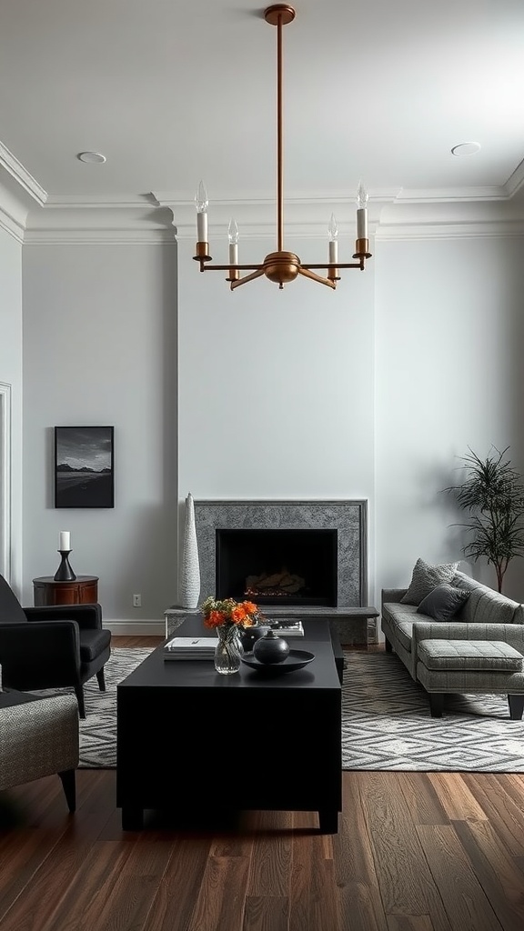 A modern living room featuring a chandelier, gray sofas, a black coffee table, and a fireplace.