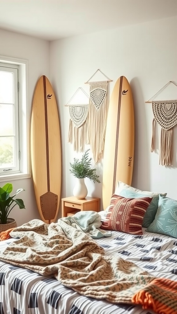 A cozy teen bedroom featuring surfboards, macramé wall hangings, and colorful bedding.