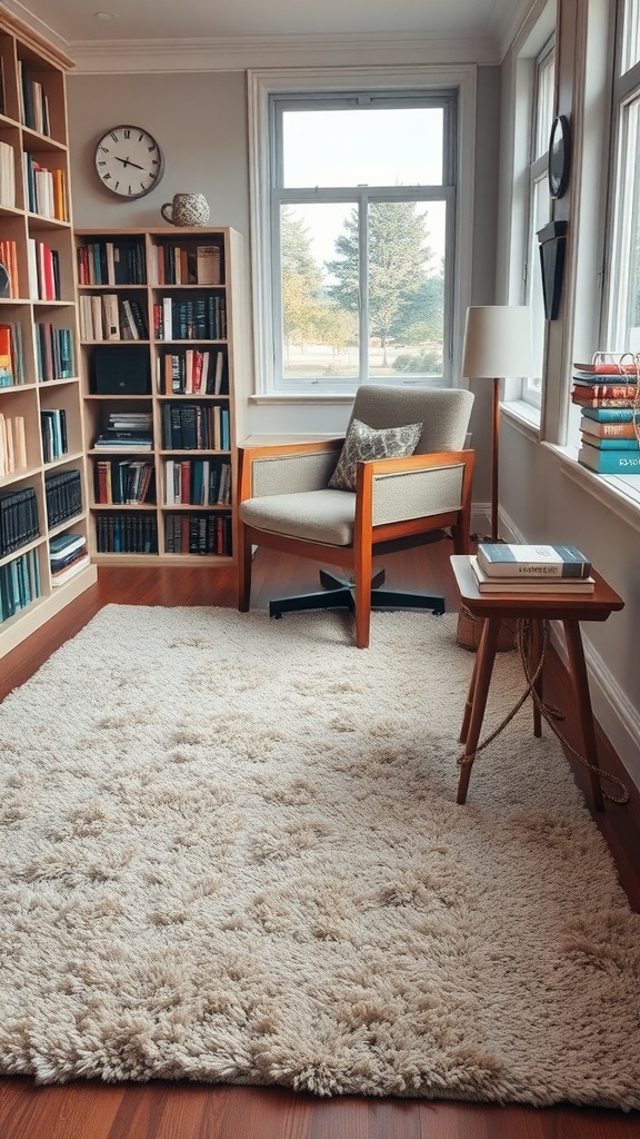 Cozy library corner with a plush rug, wooden bookshelves, and a comfortable chair.