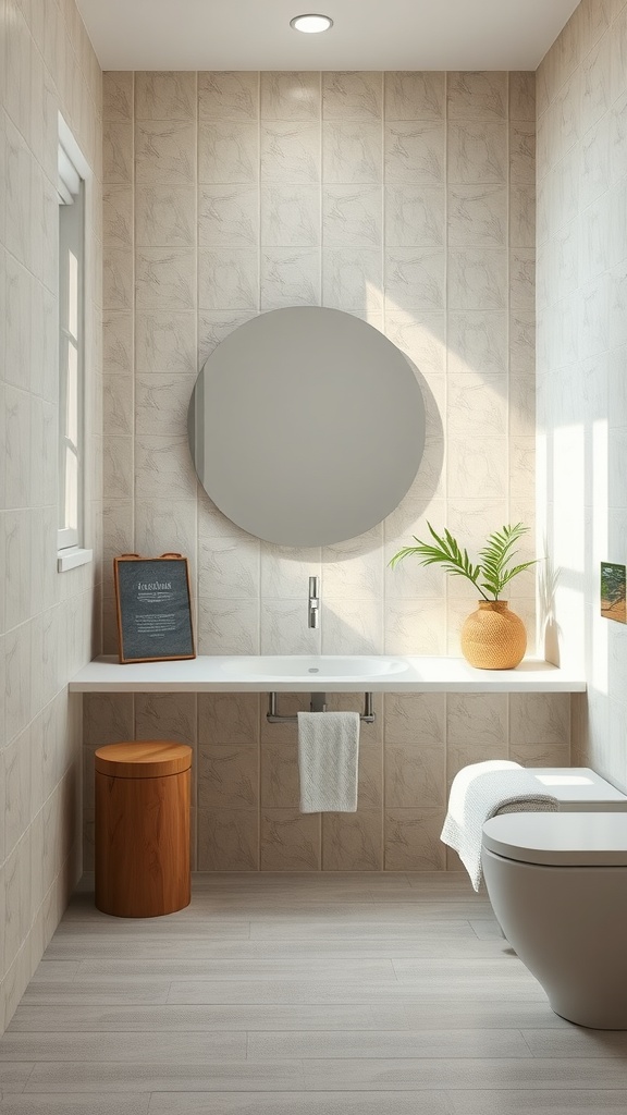 A serene bathroom with bamboo-embossed tiles, a round mirror, and natural elements.