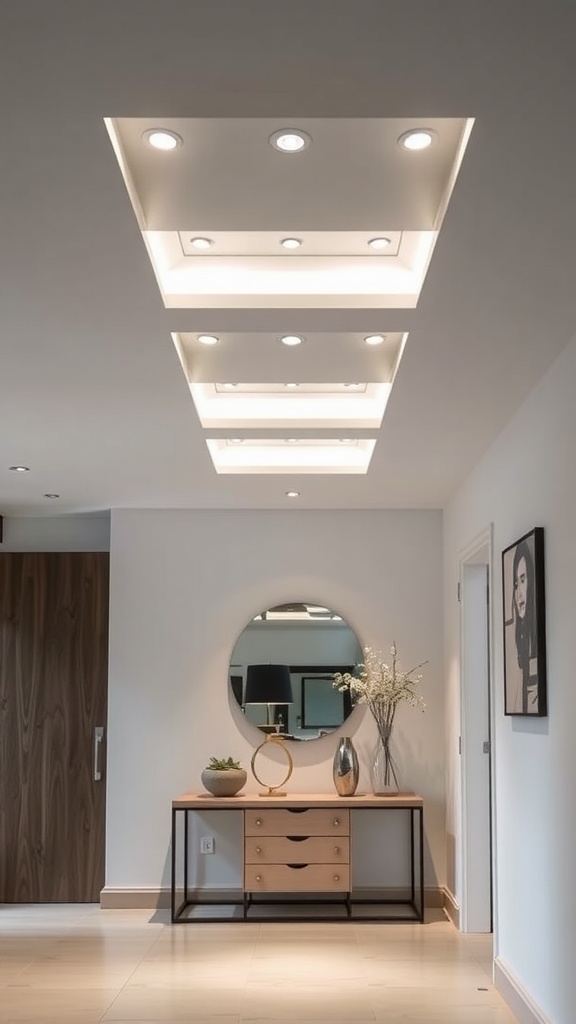 A modern entrance hall featuring recessed ceiling lights, a console table, and a round mirror.