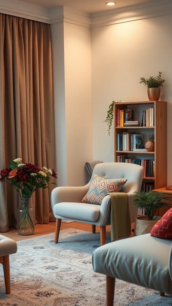 Cozy reading nook with an armchair, bookshelf, and flowers