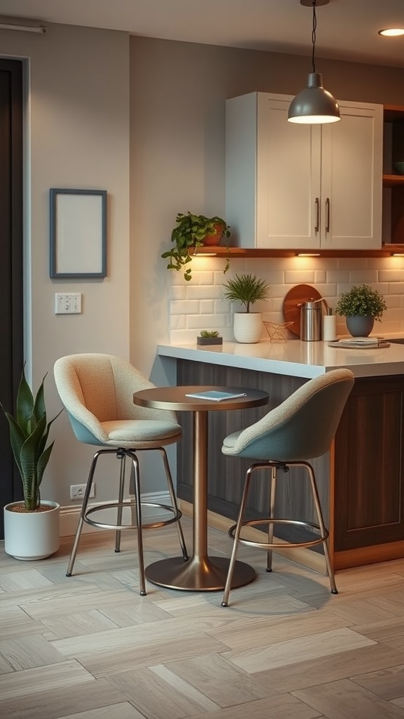A modern kitchen peninsula with a small seating area featuring two stylish stools and a round table, complemented by indoor plants.