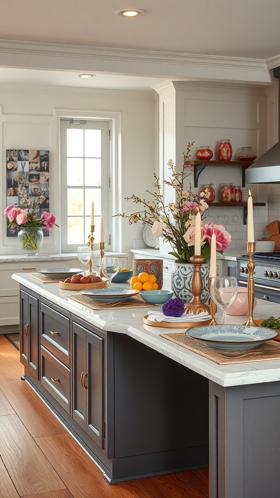 A kitchen peninsula set up as a buffet with elegant decorations, plates, and fresh flowers.