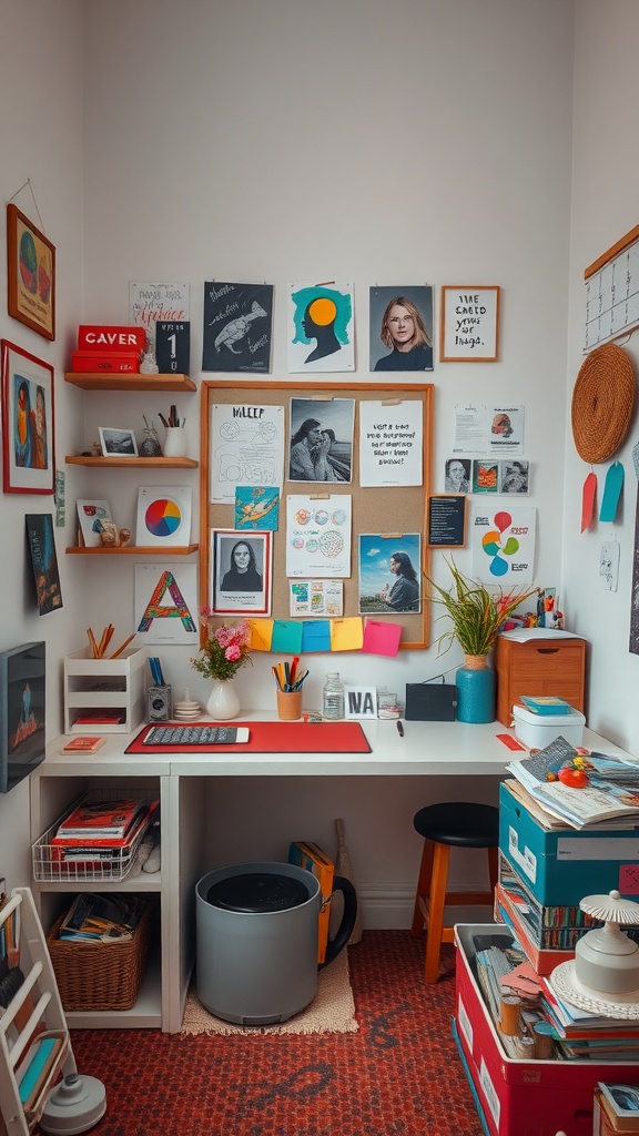 A vibrant home office creativity corner with colorful artwork, a tidy desk, and motivational quotes.