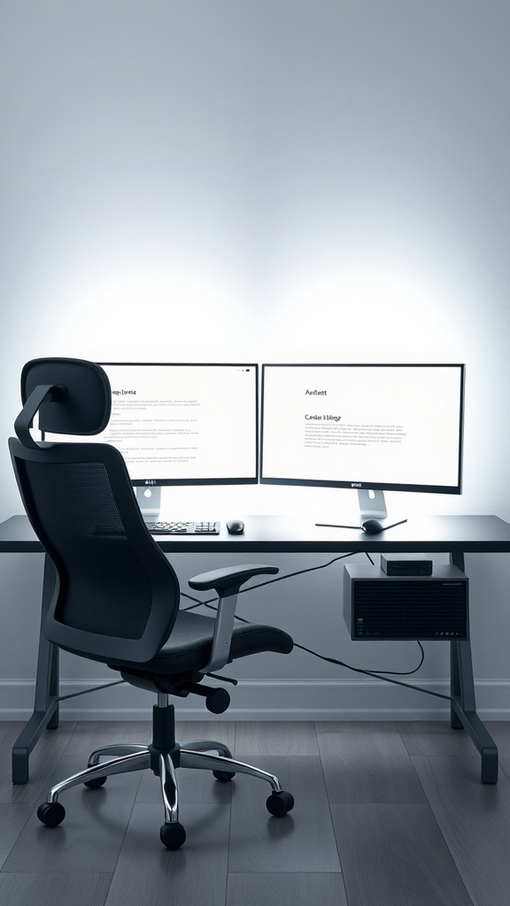 A home office setup featuring dual monitors on a sleek desk with an ergonomic chair.