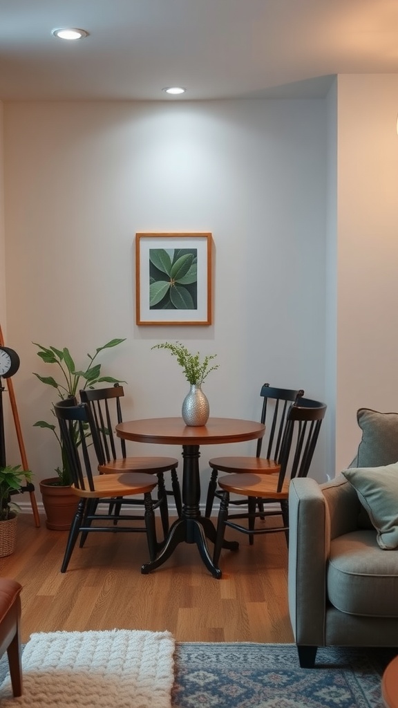 A cozy dining nook with a round wooden table, black chairs, a plant, and a framed botanical print.