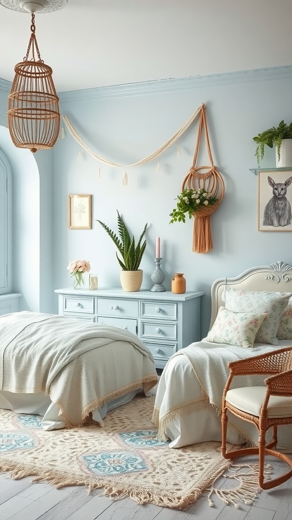 A shabby chic bedroom featuring light blue walls, vintage furniture, plants, and cozy décor.